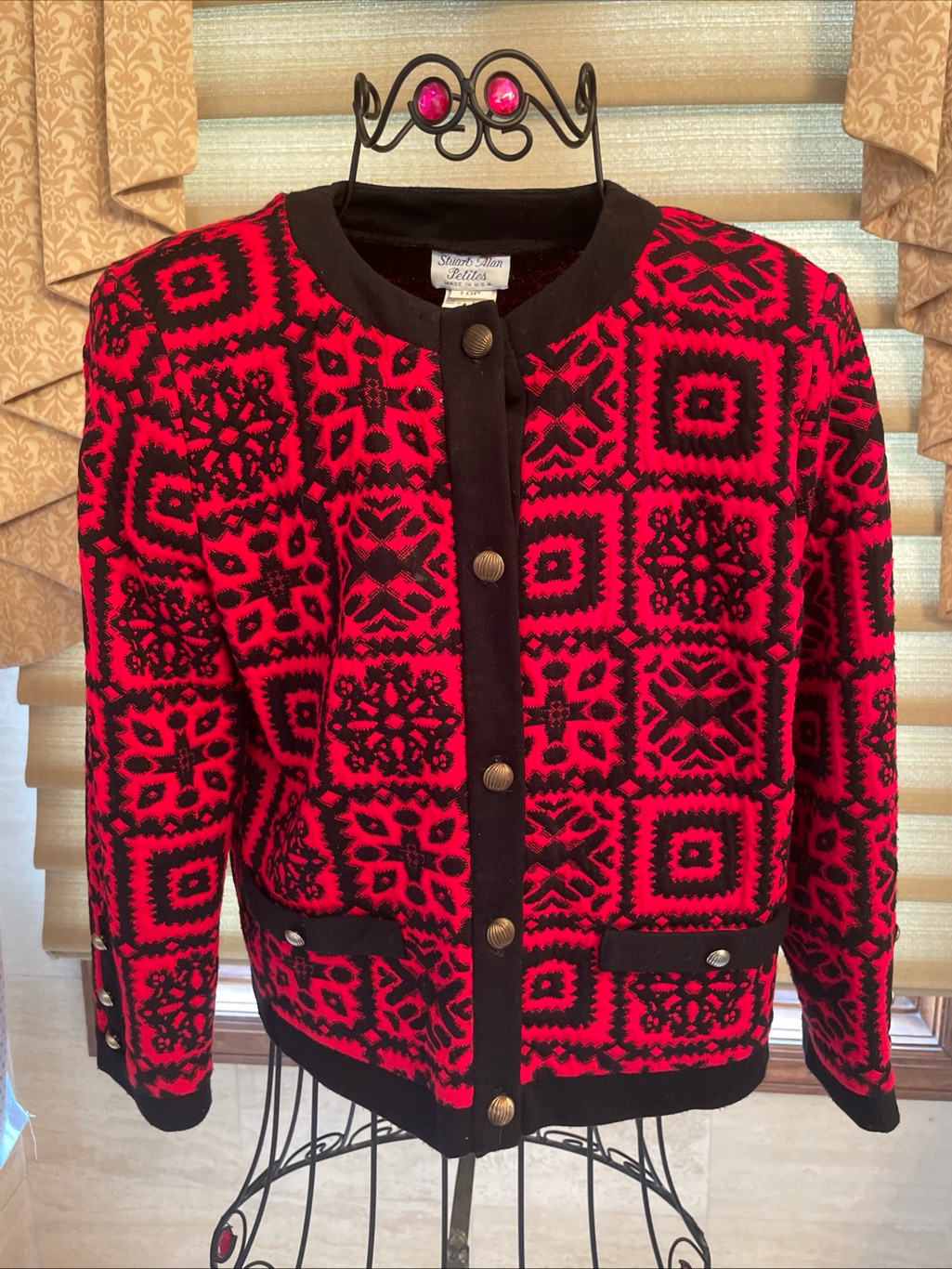 Vtg Stuart Alan Petites Black Red Diamond Geometric Button Cardigan Size 10p